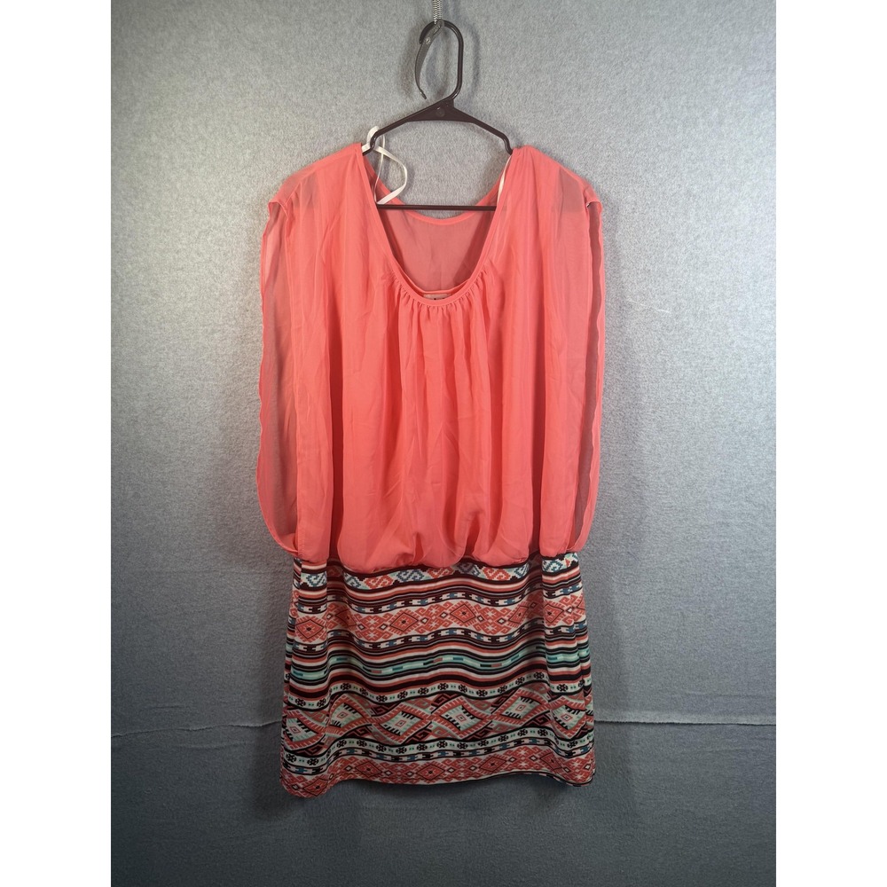 Deb Dress Womens 3X Coral Pink Geometric Blouson Long Sleeve Chiffon Short Lined